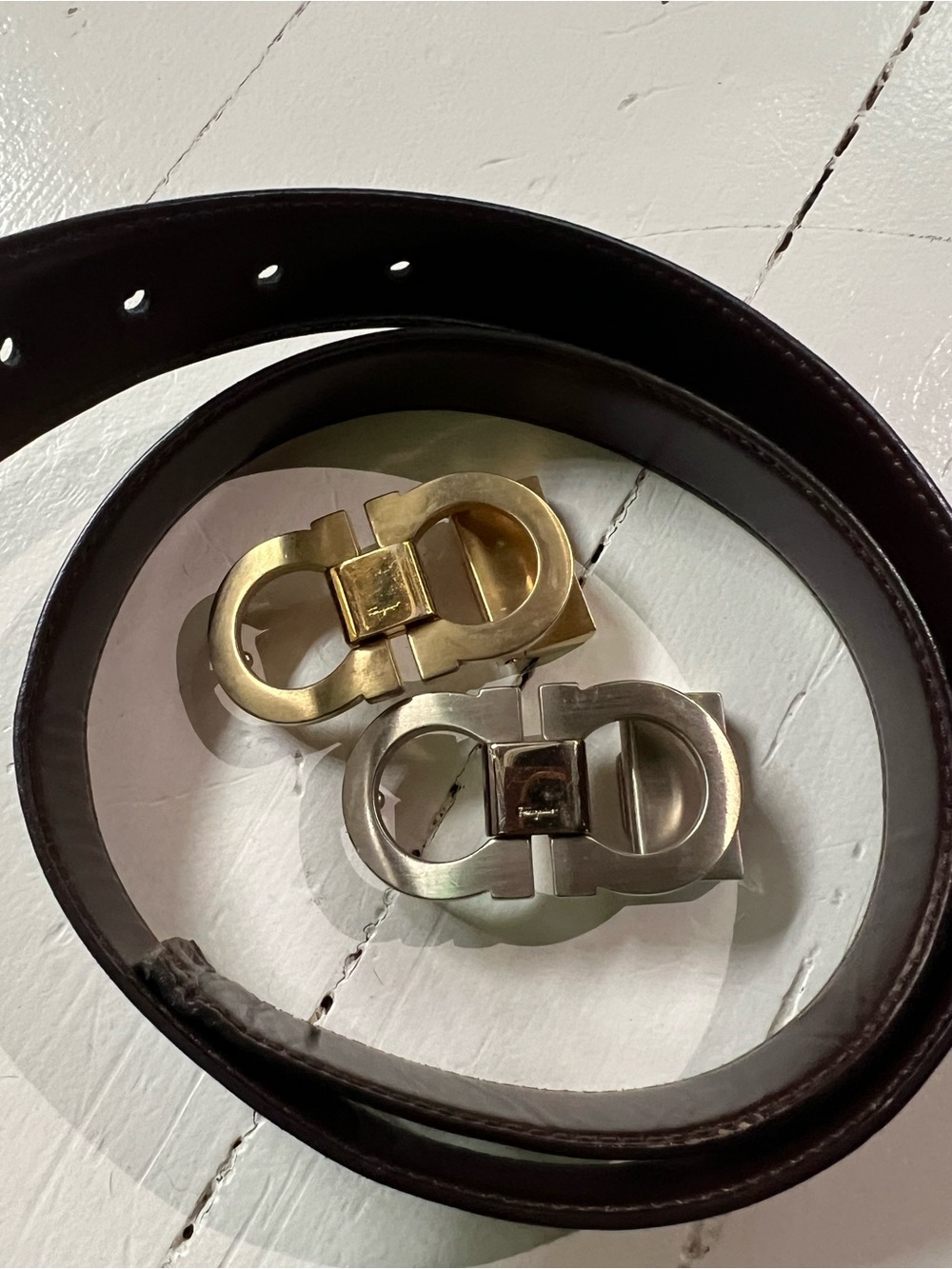 Ferragamo Double Side Brown/Black Leather Belt with Metal Buckled